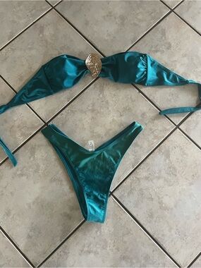 SHEIN Teal Shimmer Bandeau Bikini with Gold Accent